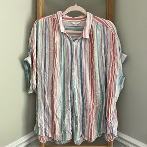 Pastel Striped Lightweight Button Down Short Sleeve Blouse